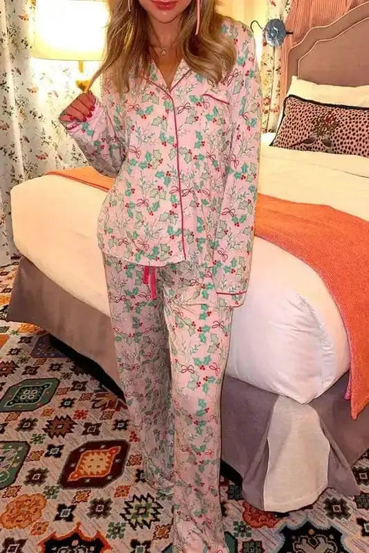 Festive Bloom - Multicolor Floral Christmas Pajama Set-0